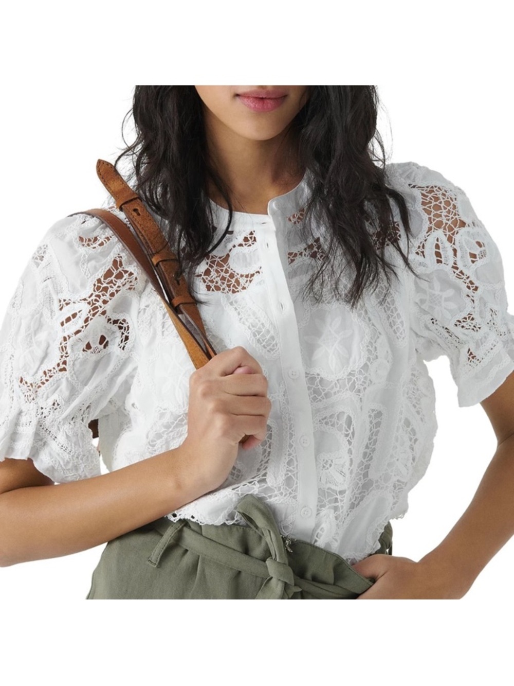 BA&SH Irkin Guipure Lace White Short Sleeve Button Down Blouse Small $230 - Picture 2 of 16